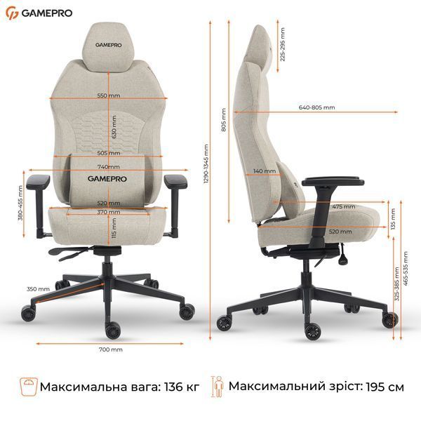 Кресло геймерское GamePro GC760LG Fabric Light Gray 000002648 фото